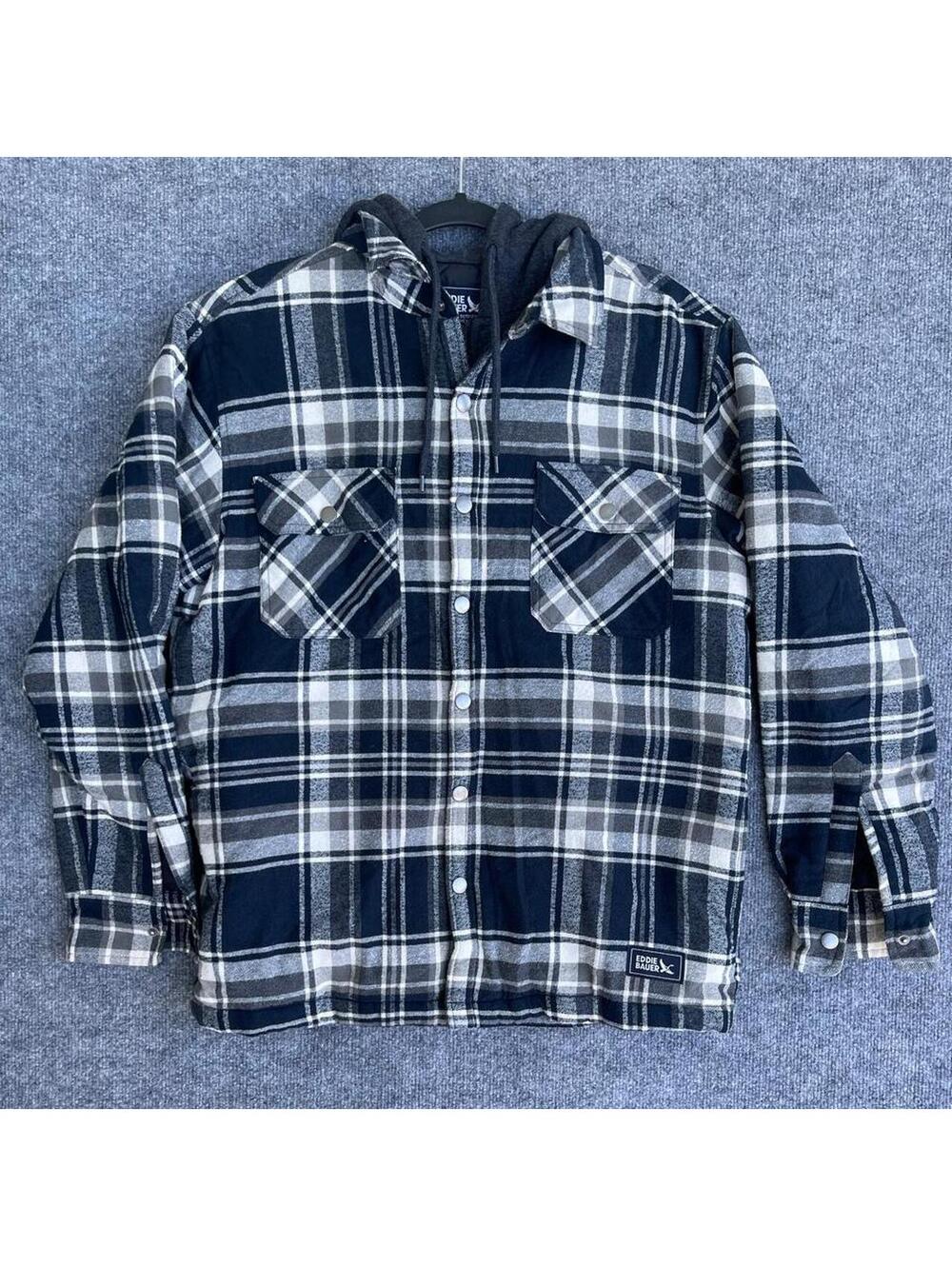 Eddie Bauer Navy Blue, White & Gray Plaid Flannel Hoodie Jacket